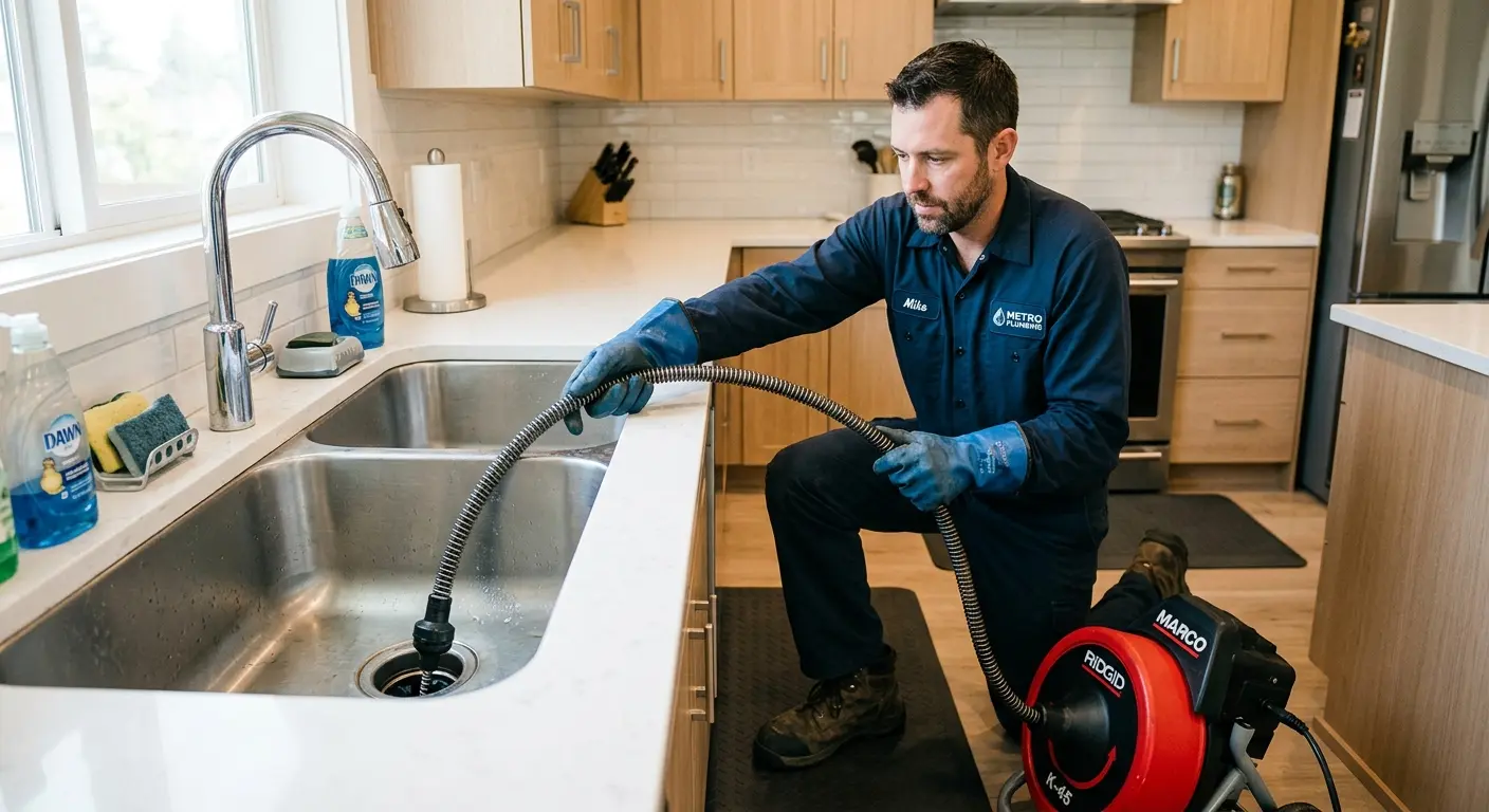 Drain cleaning technician using a motorized snake on a kitchen sink in Haverhill