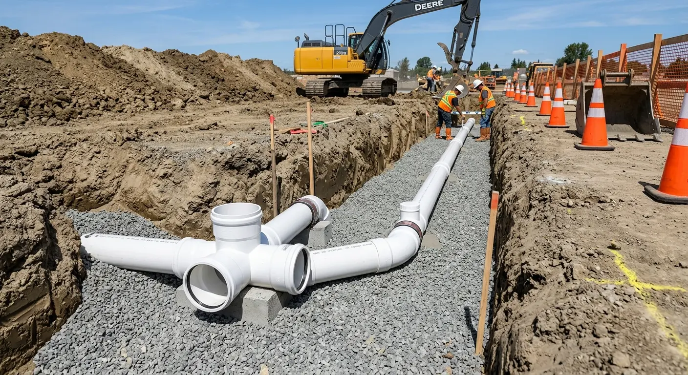New PVC sewer pipe installation in open trench for Sewer Backup in Haverhill
